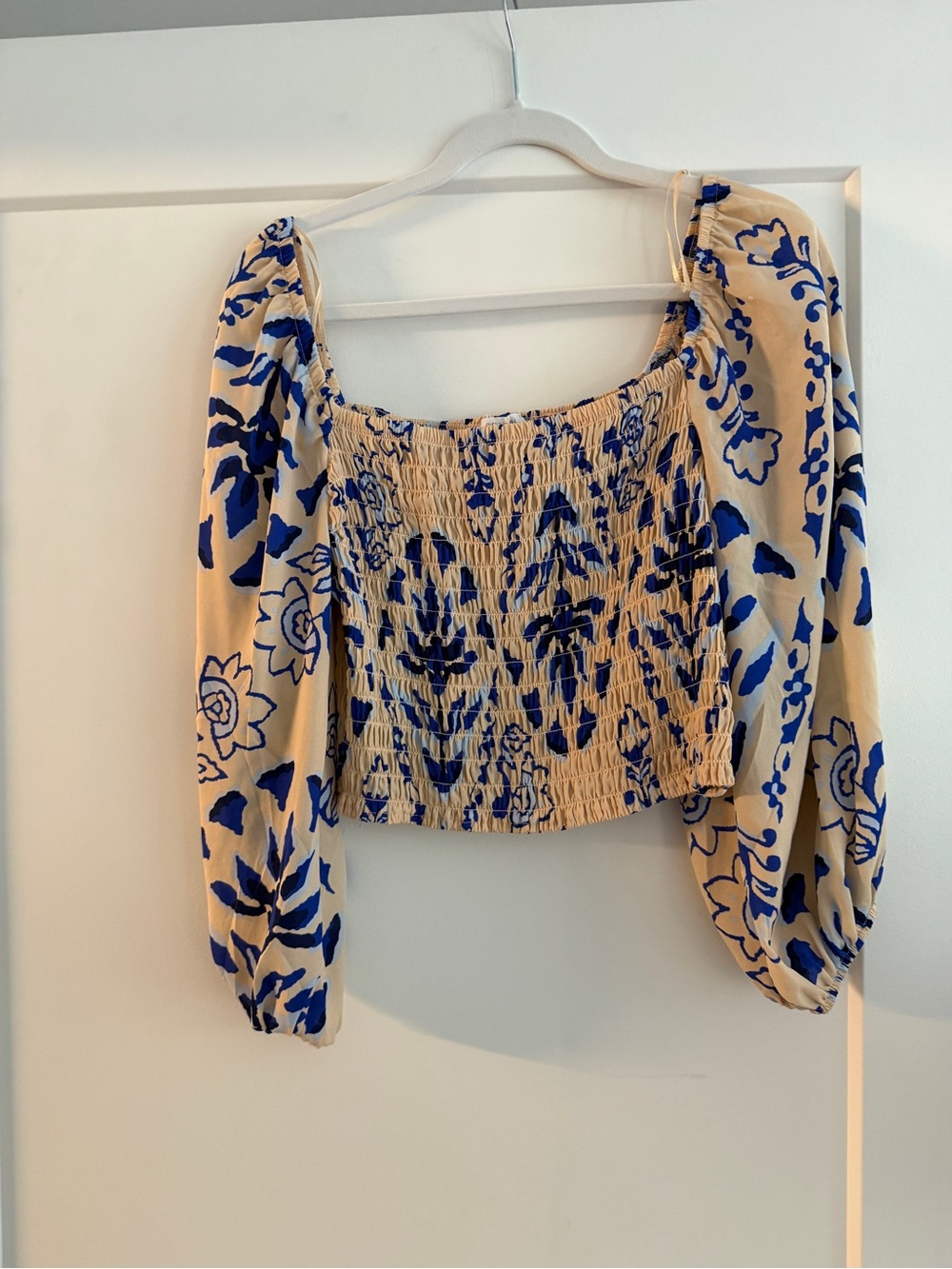 Sienna Sky Blue and Cream Smocked Square-Neck Crop Top